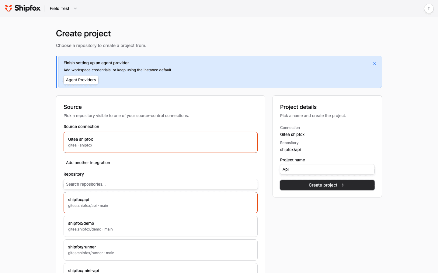 The create-project form showing the source integration connection, repository picker, and pre-filled project name