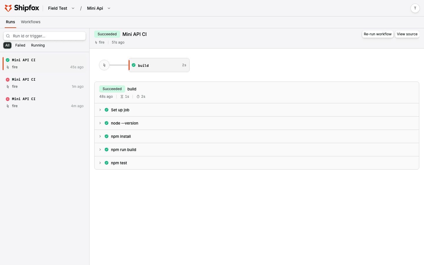 Shipfox run detail page showing a succeeded run with its job graph and step list